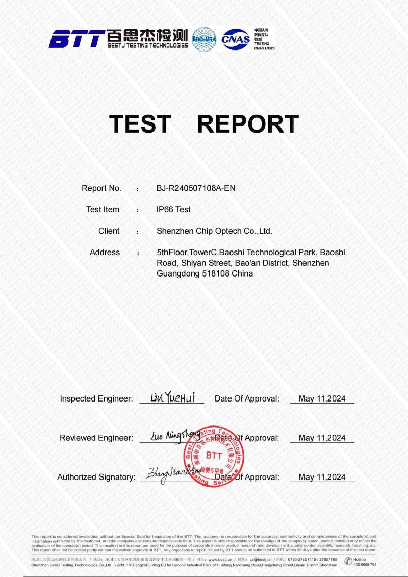 Chipshow C-Slim Serisi IP66 Sınıf Test Raporu